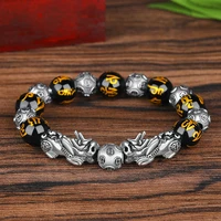 chinese feng shui stone beads exquisite beads bracelet pixiu unicorn obsidian wristband gold color adjustable fortune luck