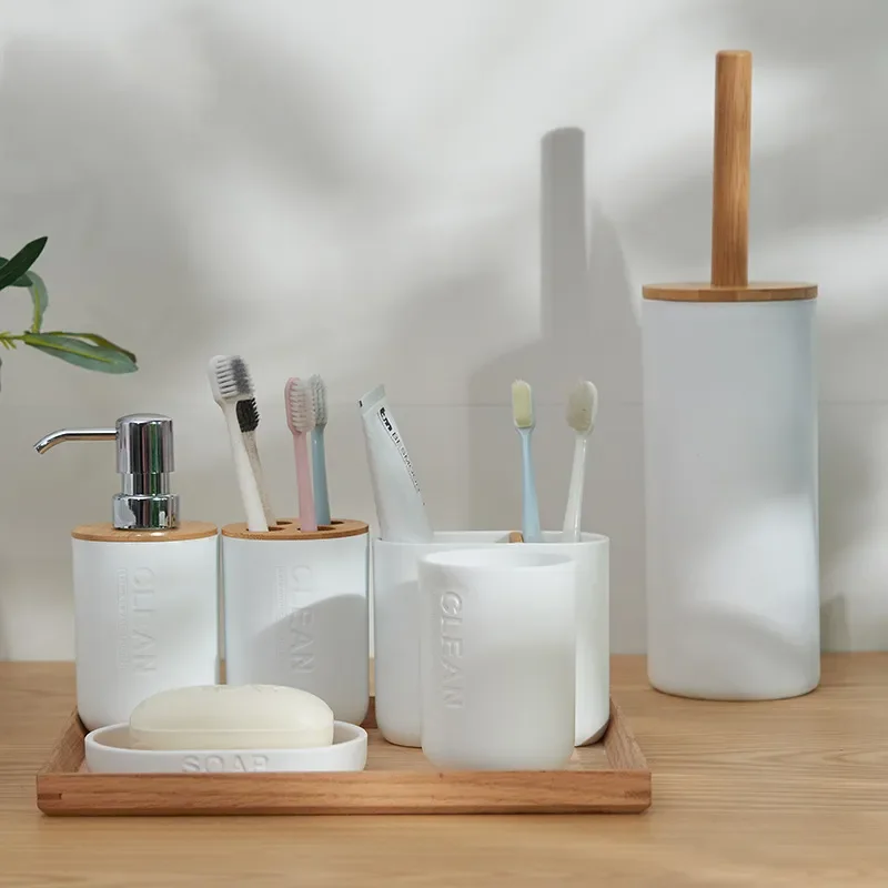 

Бамбуковый набор из шести предметов, держатель для зубной щетки и щетки для ванной комнаты, держатель для мыла, диспенсер для лосьона, аксессуары для ванной комнаты