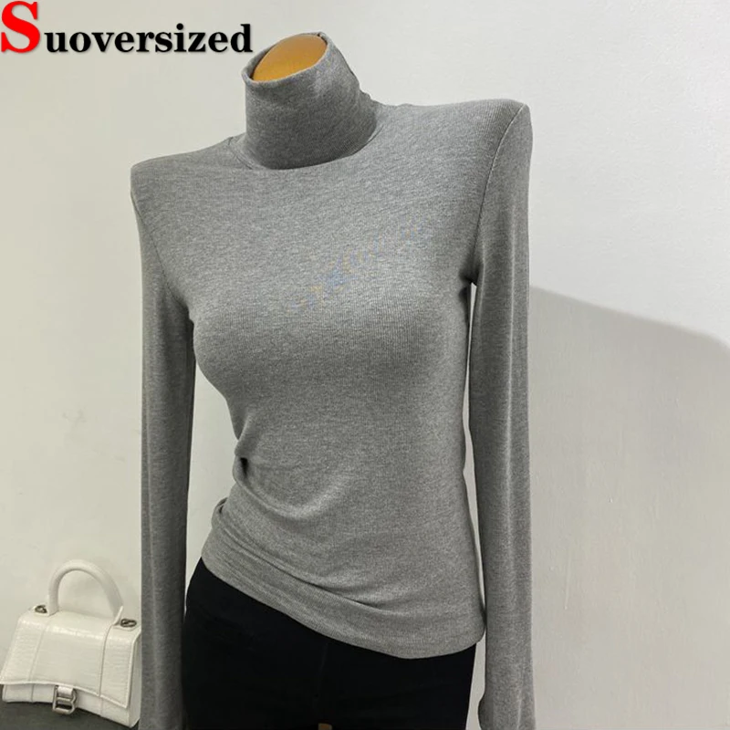 

Slim Stretch Turtleneck T-shirts For Women Spring Fall Thin Bottomed Tees Gray Basic Long Sleeve Tops Casual Soft New Camisetas