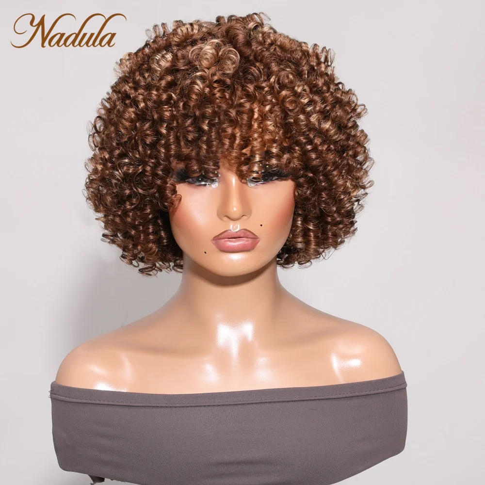 Nadula Hair Glueless Highlight Honey Blond Short Bob Super Bouncy Curly Bob Wig With Bangs Human Hair Air Wig Breathable Cap