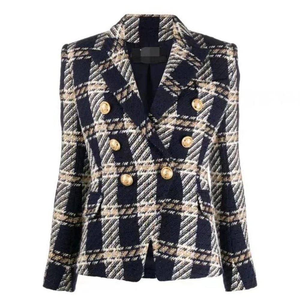 

2022 Spring And Autumn New Fashion Collar Long Sleeves Double Breasted Plaid Woolen Women's Suit Jacket Blazers