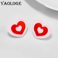 yaologe acrylic red 2 layer heart stud earrings for women cute sweet girl ear jewelry fashion party wedding holiday gifts bijoux