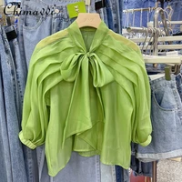 2022 summer new versatile solid color loose pullover top female loose butterfly scarf collar short sleeve shirt for ladies