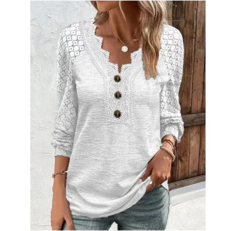 

2023 Casual Lace V-neck T Shirt Women Autumn Long Sleeve Stitching T-shirt Comfortable Pullover Ladies Loose Tee Shirt 28319