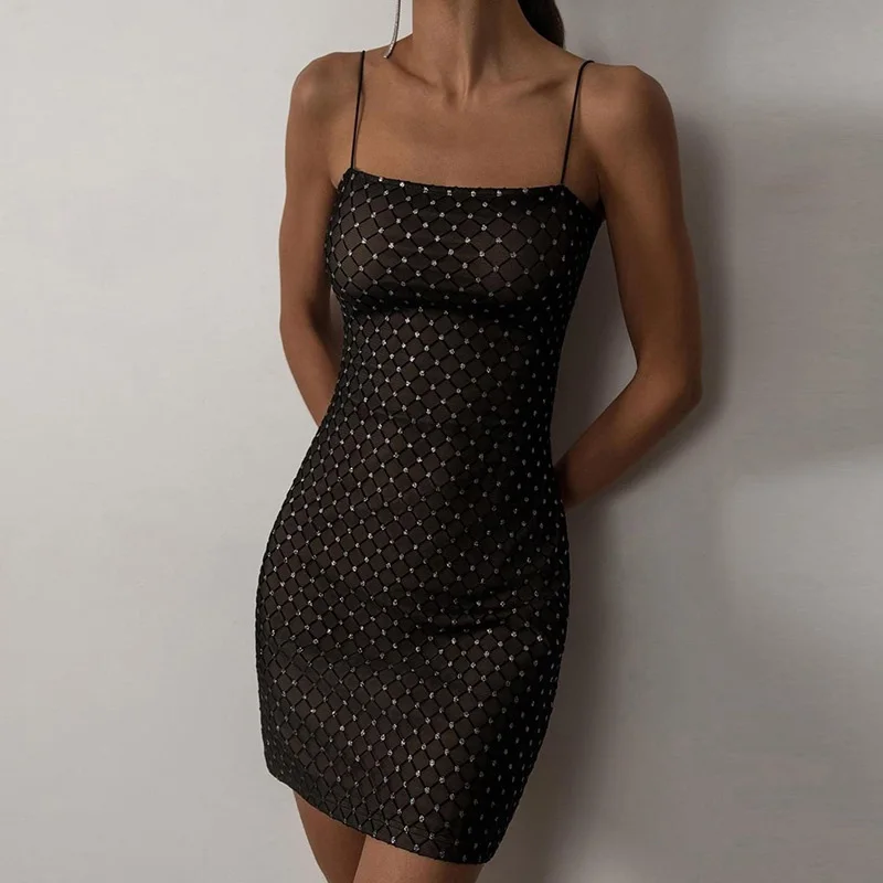 

Summer Women Solid Black Mini Dress Bodycon Mesh Sleeveless Summer Sexy Spaghetti Strap Clubwear Dresses Slim Fit Party 2020 New