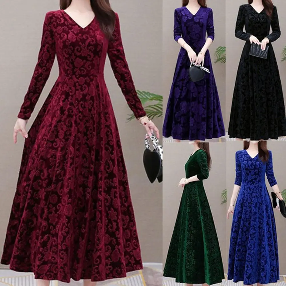

Gold Velvet V-neck Dress Womens Velvet Long Dress Dress Long Sleeve Cocktail Party Ball Gown Elegant Floral Print 5 Colors