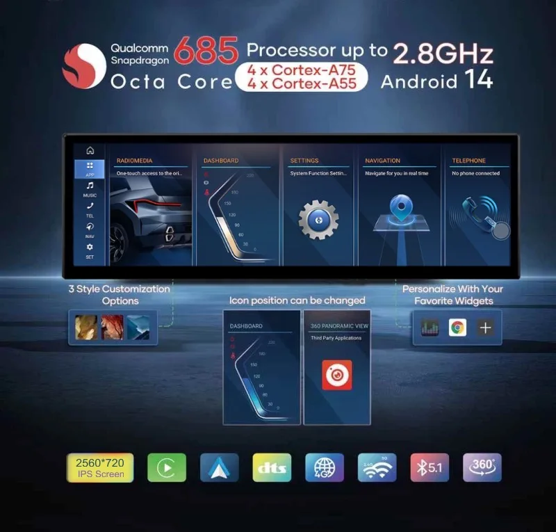 15-дюймовая 256G Android 14 автомобильная GPS-навигационная система медиа-стерео радио