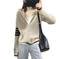 new spring fashion women cardigan casual hooded zipper knit blouses female vintage sporty striped long sleeves thin coat mujer