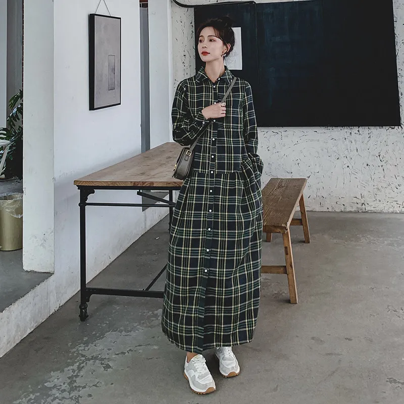 

SuperAen Spring 2022 New Retro Turn Down Collar A Line Casual Loose Plaid Dress for Women