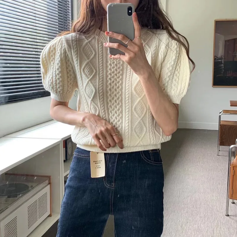 

Korean Twisted Autumn Knitted Sweater Women Puff Short Sleeve Casual Jumpers Elegant Loose Knitwear Vintage Office Lady