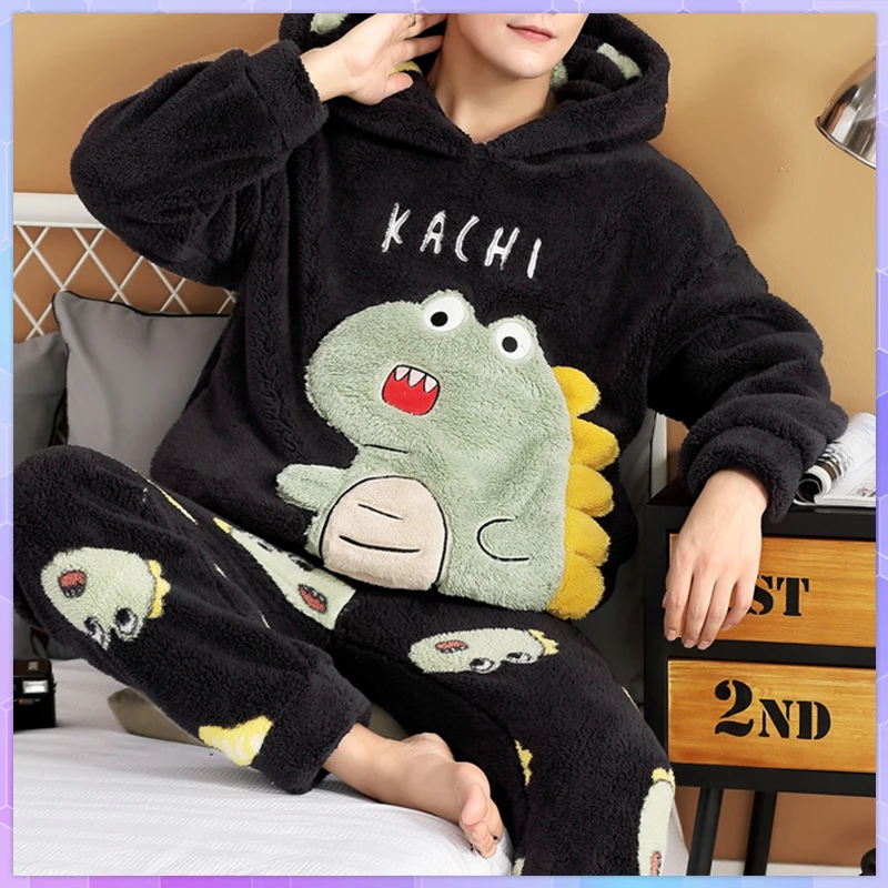 Cute Pajamas For Men Thick Plush Fleece Pajama Sets Winter  Coral Velvet Warm Flannel Clothes Home Suit Male Sleepwear Pyramid