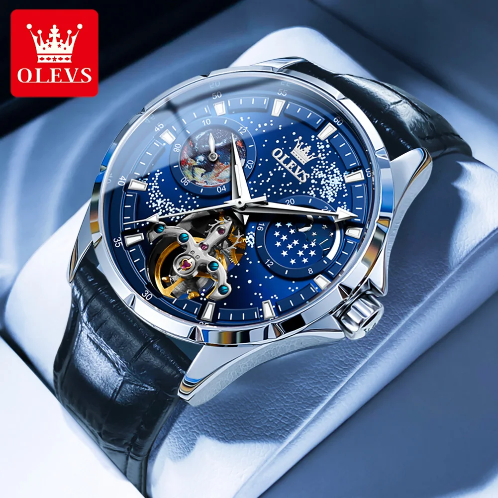 OLEVS Mens Fashion Blue Starry Sky Mechanical Watches Business Automatic Tourbillon Wristwatch Leather Waterproof Luminous Clock