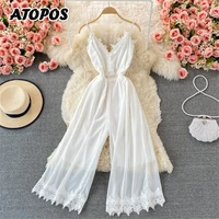 atopos lace high waist jumpsuits women summer chiffon playsuits tube top rompers v neck loose bodysuits female outfits 2022