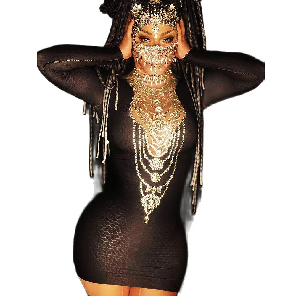 

Tights Above Knee Mini Shining Diamonds Tassel Dress Stage Wear Lady Party Evening Costume Personality Performance Costume