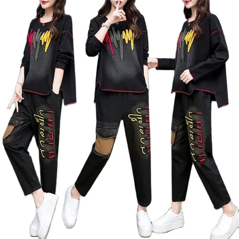 

Two-Piece Suit Spring New Women's Embroidered Cowboy Jacket Harem Pants 2022 Women Denim Set Casual Jeans Suit Plus Size Set 4XL