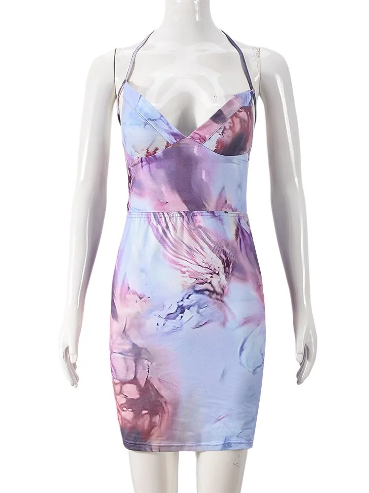 Kliou модное женское мини-платье с принтом сексуальное платье лямкой на шее