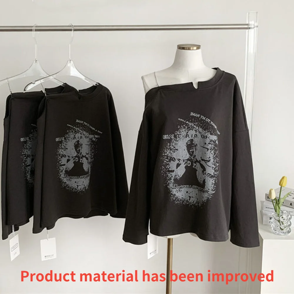 Women Vintage Print T-shirt Fairy Grunge 2021 New Autumn Long Sleeved Cool Girl Rock Strapless Tees Loose Harajuku Tops