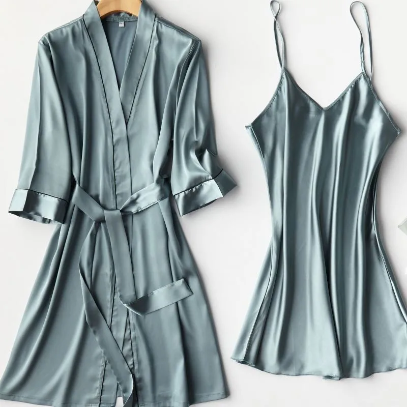 Nightdress Summer Thin Pajamas Women's Sexy Suspender Nightgown Two Piece Set Home Clothes V-neck Ice Silk Pajamas  Women's Robe