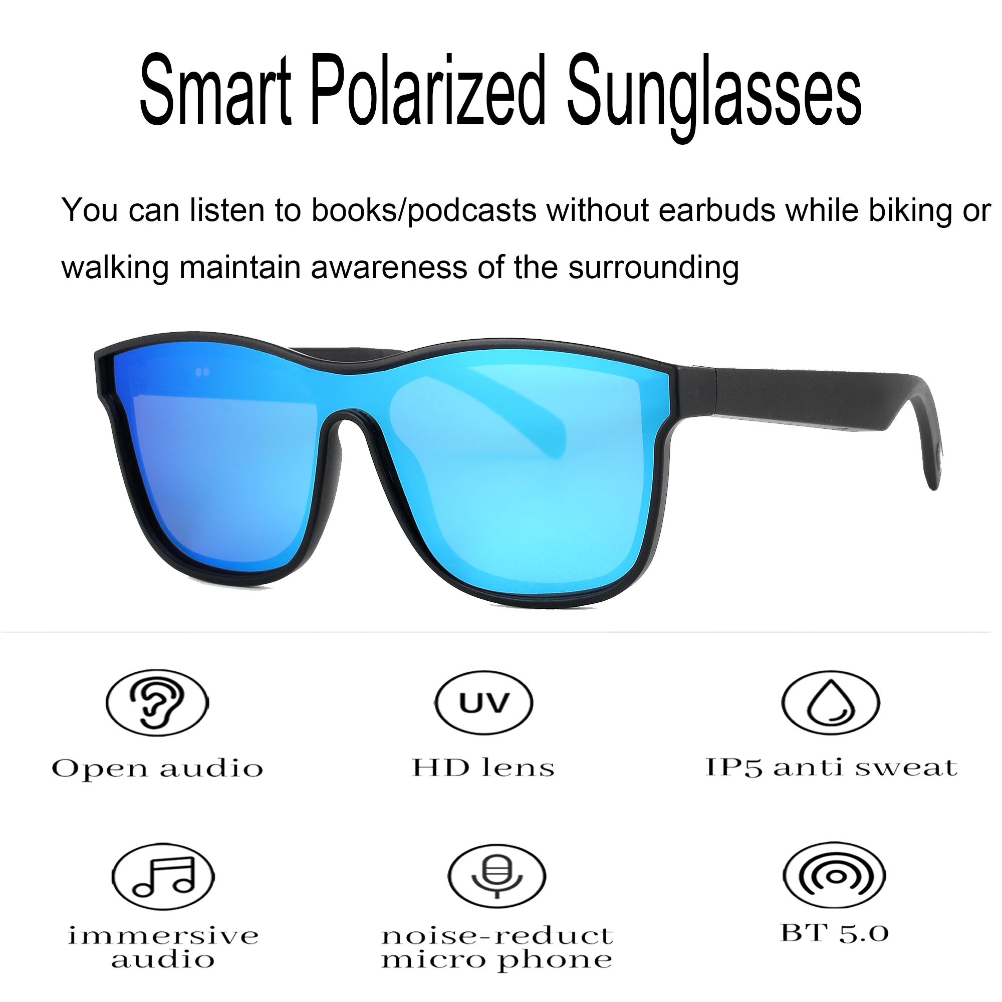 Blue Open Ear Smart Glasses AR/VR Bluetooth Sunglasses Audio Sunglasses for Men Handfree Calls Music for iPhone Huawei Xiaomi