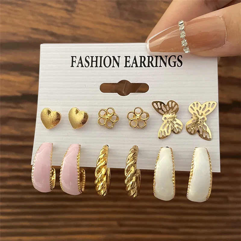 

WUKALO Gold Color Butterfly Heart Earrings Set For Women Fashion Dangle Drop Earring Trendy Geometric Female Jewelry