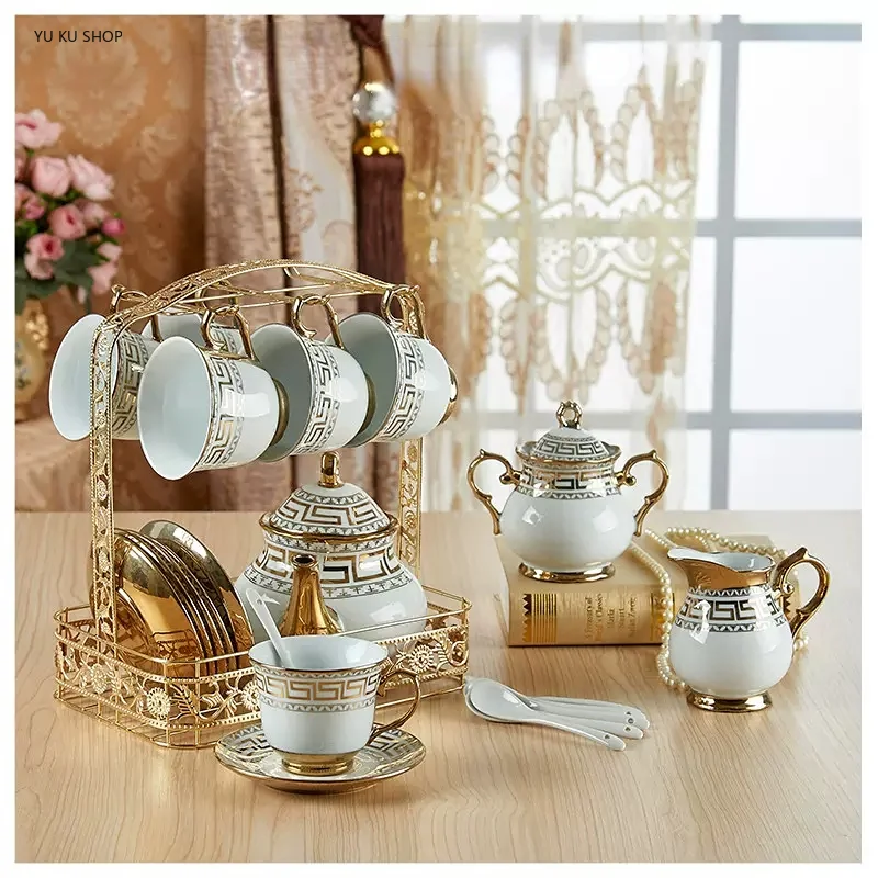 

Luxury Ceramic Coffee Pot Set with Spoon Dish Sugar Jar Milk Jug Gloden Electroplating Process Porcelain Teaware Set HY