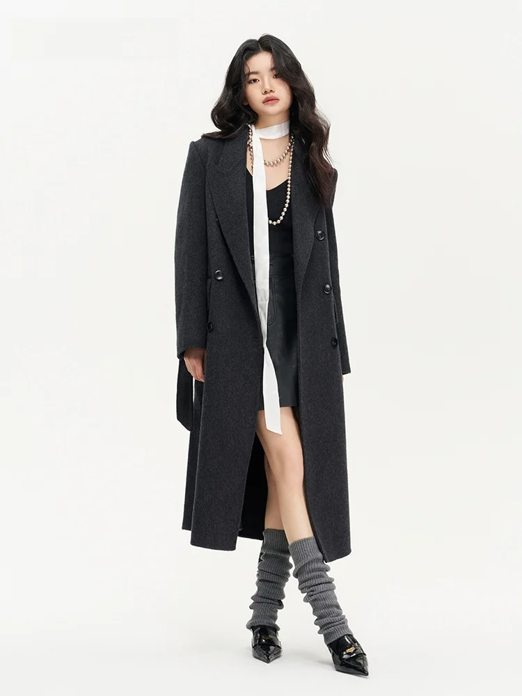 Jessyline Gray Hepburn Sle Double-sided Wool Woolen Coat Women Spring and Autumn New Outerwear Trendy |