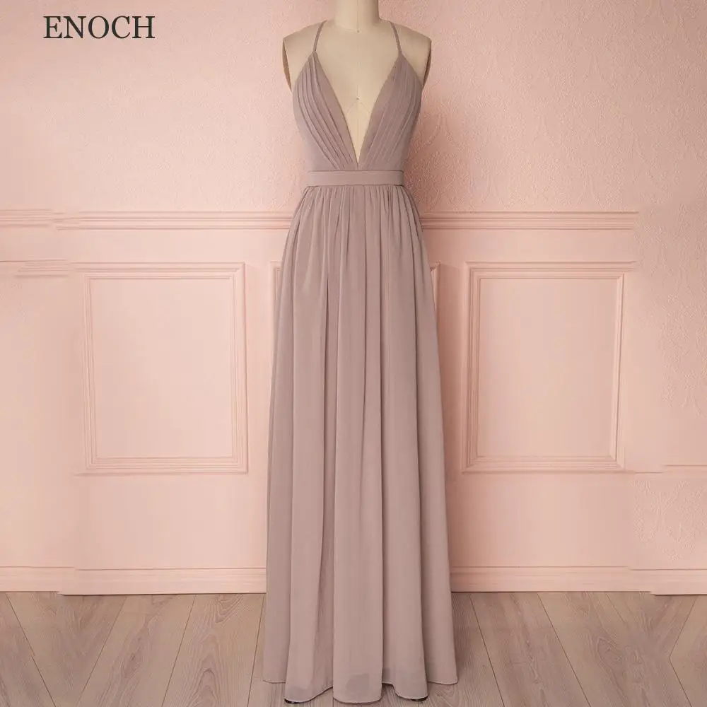 

ENOCH Simple V-Neck A-Line Bridesmaid Dress Sleeveless Backless Criss-Cross Chiffon Party Dresses Custom Made Vestidos De Gala