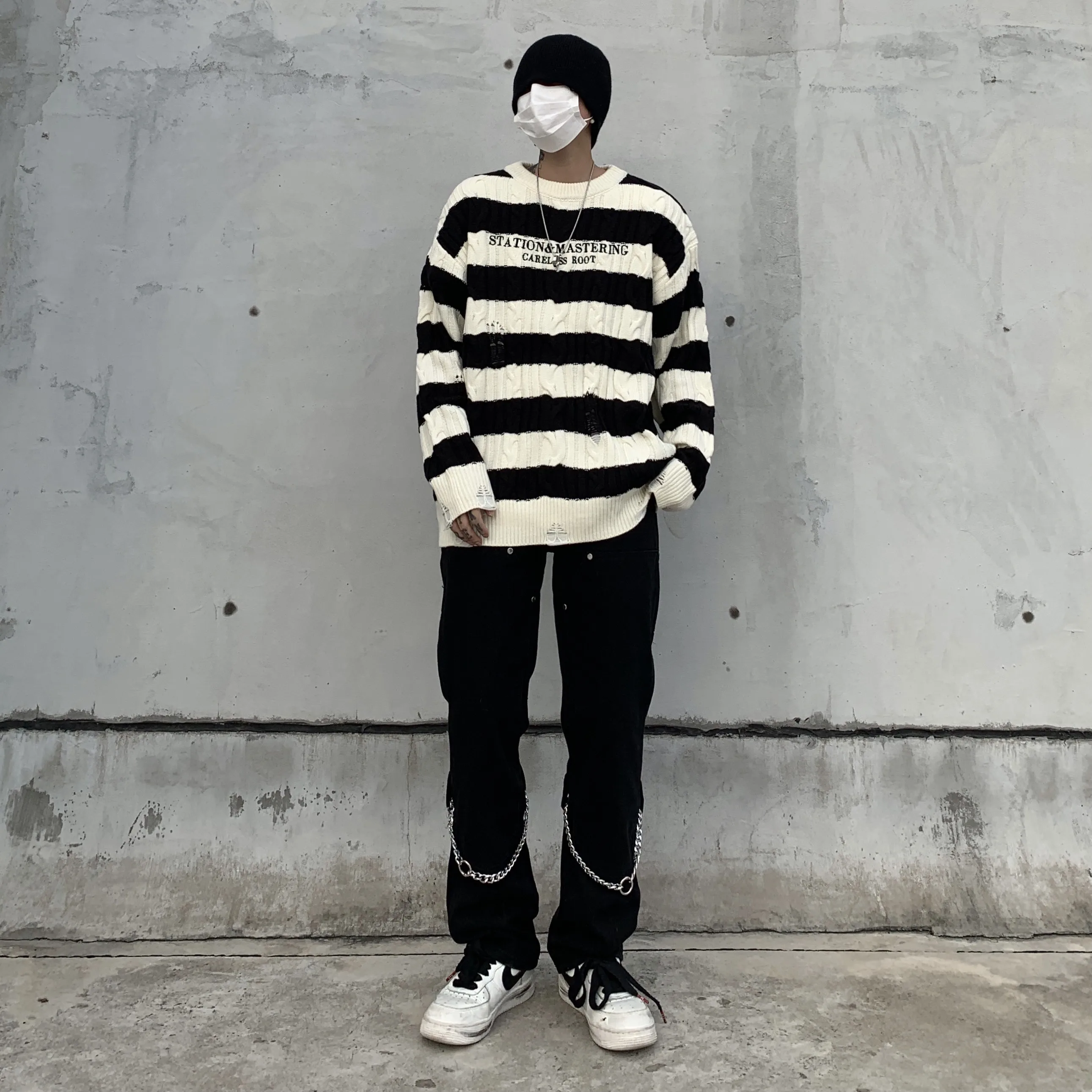 Men's Korean Casual Streetwear Black Harajuku Vintage Jeans Graffiti Wide Leg Baggy Straight Denim Pants Trousers