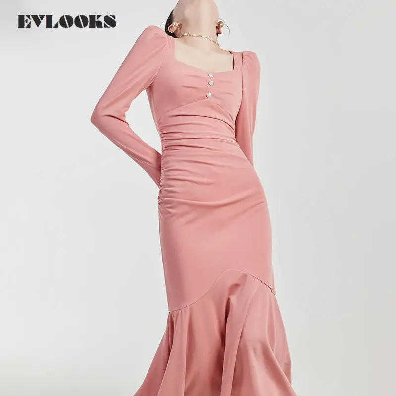 

2022 AW Woman Elegant Pink Square Neck Long Sleeve Dress High Waist Trumpet Mermaid Party Dress Club Evening Dresses Traf