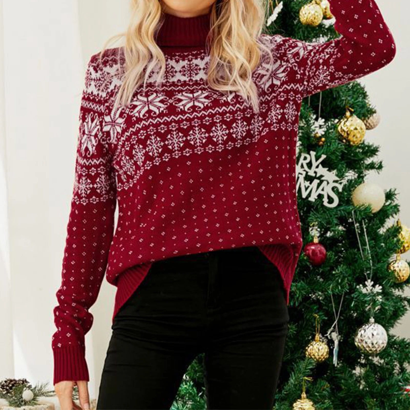 

Women's Sweater Autumn Winter Tops Long Sleeve Snowflake Pattern Knitwear Christmas Style Casual Half High Collar Vacation Suit
