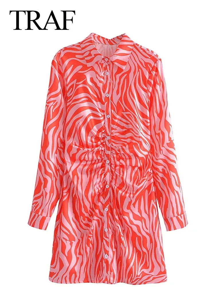 

TRAF Red Zebra Print Single Breasted Straight Ladies Long Dress Skin Friendly Long Sleeve Pleated Waist Shirt Ladies Dress