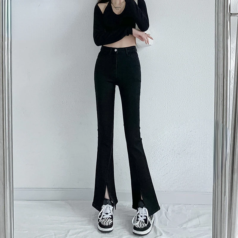 

2022 Spring Autumn Women's New High Waist Slim Jeans Female Korean Casual Flare Pants Ladies Solid Color Denim Trousers B88