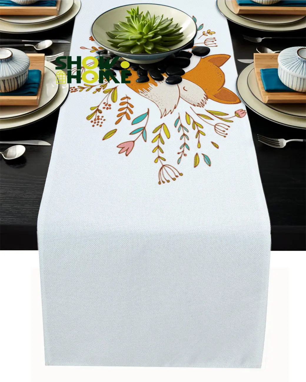 

Animal Cute Fox Flower Table Runner Modern Wedding Decorations Dinning Table Runners Placemat Christmas Decorations