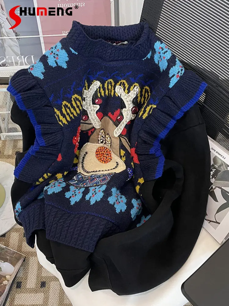 

Fall Outfits Women Vintage High-Grade Contrast-Color Stitching Sweaters Women's Loose Beaded Fake Two-Piece Knitted Sweater 2023