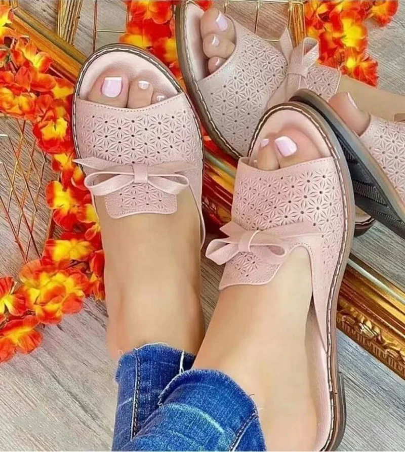 Spring Oversized New Fish-mouth Hole Slippers Cross-border Bow Hollow Slippers Women's Shoes Chaussure Femme été Luxe