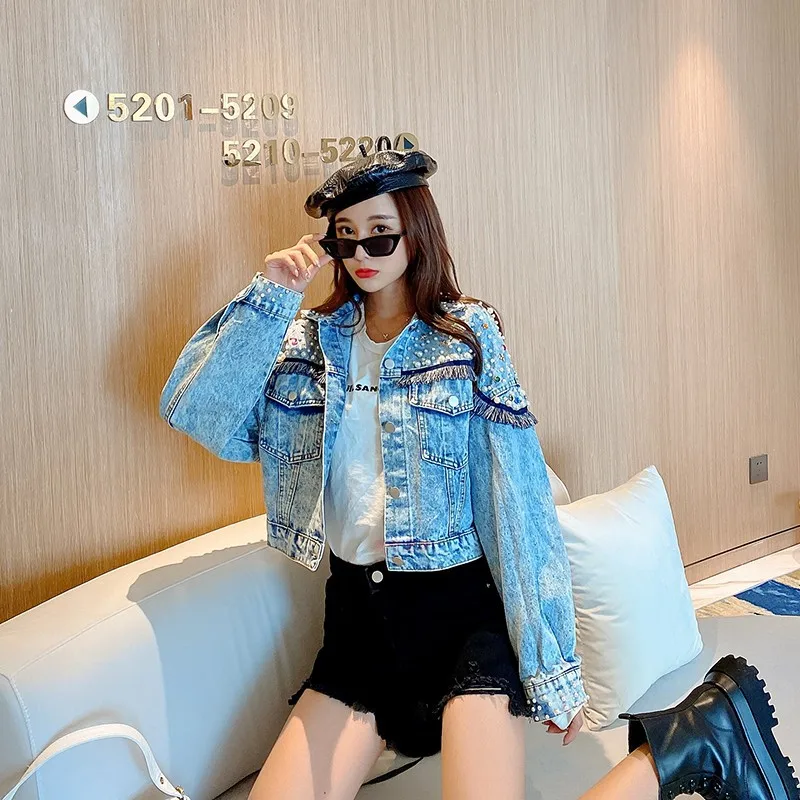 

Denim jacket trendy 2023 autumn new heavy industry nail beads washed raw fringe short versatile denim top