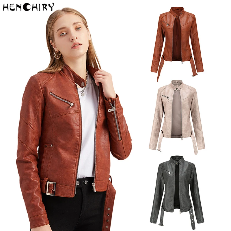 

HENCHIRY High Quality Women Spring Autumn New Short Leather Jacket Large Size Slim Stand-up Collar Thin Europe America Clothing