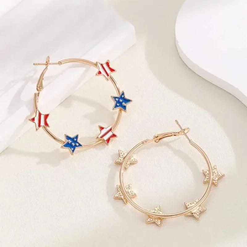

Fashion Star Earrings Cute Personality Circle Earrings Women Unique Jewelry Creative National Flag Drip Oil Pentagram Earrings