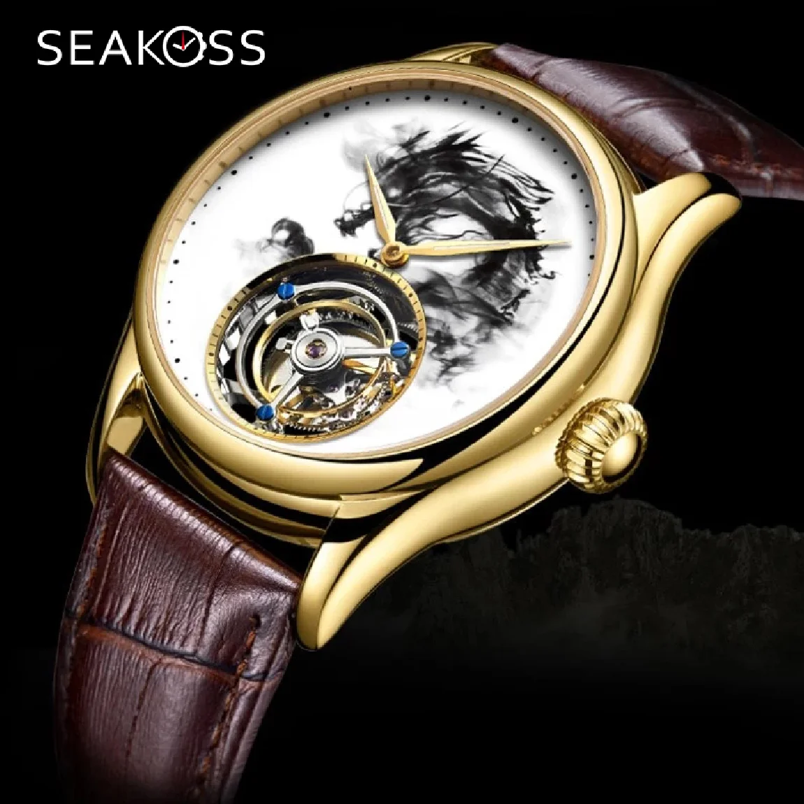 

Seakoss Men Dragon Tourbillon Watch Sapphire Luxury Watches Top Brand Mens Crocodile Leather Corgeut Mechanical Wristwatches