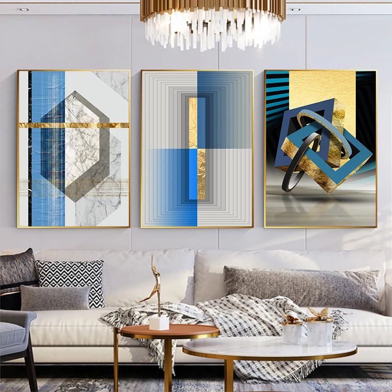 

Современный абстрактный геометрический настенный постер с золотыми линиями фольги, печать на синем холсте, живопись, офисное искусство, картины для гостиной, домашний декор