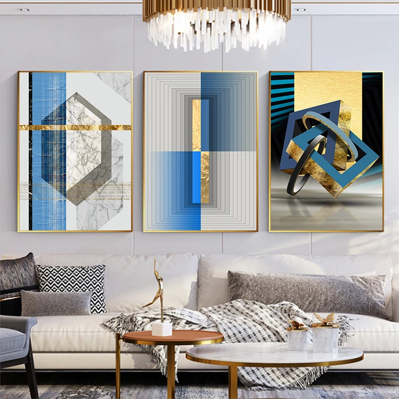

Modern Abstract Geometric Golden foil lines Wall Poster Print Blue Canvas Painting Office Art pictures Living Room Home Decor