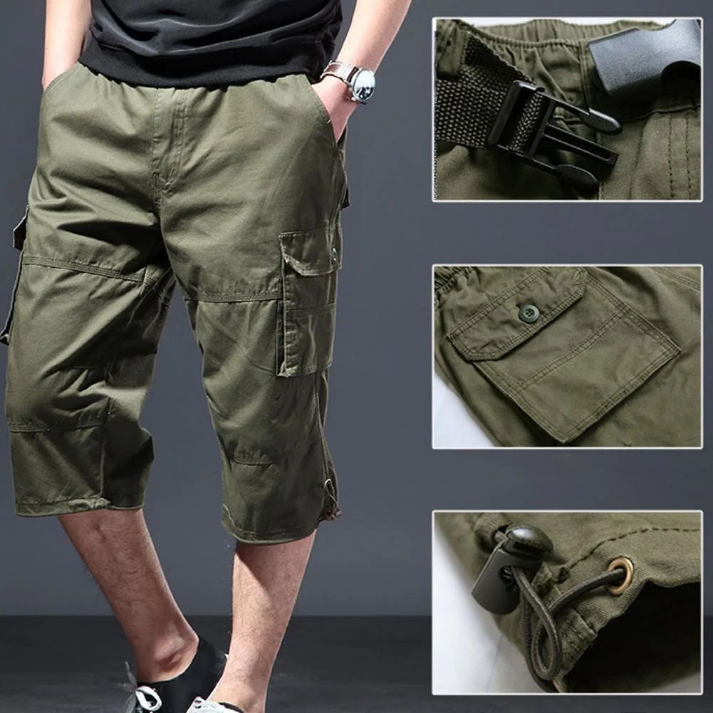 

Men Cropped Pants Solid Color Tin Loose Type Mid-calf Lent Stretcy Waist Men Caro Trousers Loose Men's Clotin Streetwear