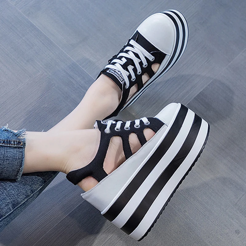 2023 New 12cm Platform Hollow Cut Design Wedge Shoes Sandals for Women Sneakers Summer Shoes  Summer Sneakers Genuine Leather