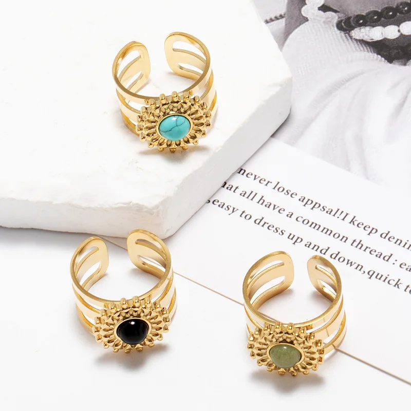 

Colorful Natural Stone Sunflower Titanium Steel Ring Plated With 14k Real Gold With Adjustable Opening For Women