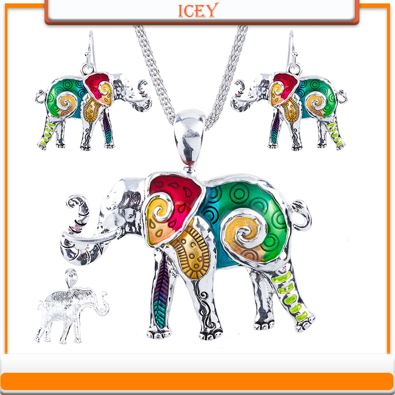 

1set Elephant Necklace Earrings Set Alloy Unique Elephant Design Gift Animal Pendant Rainbow Charm Jewelry Sets Accessories