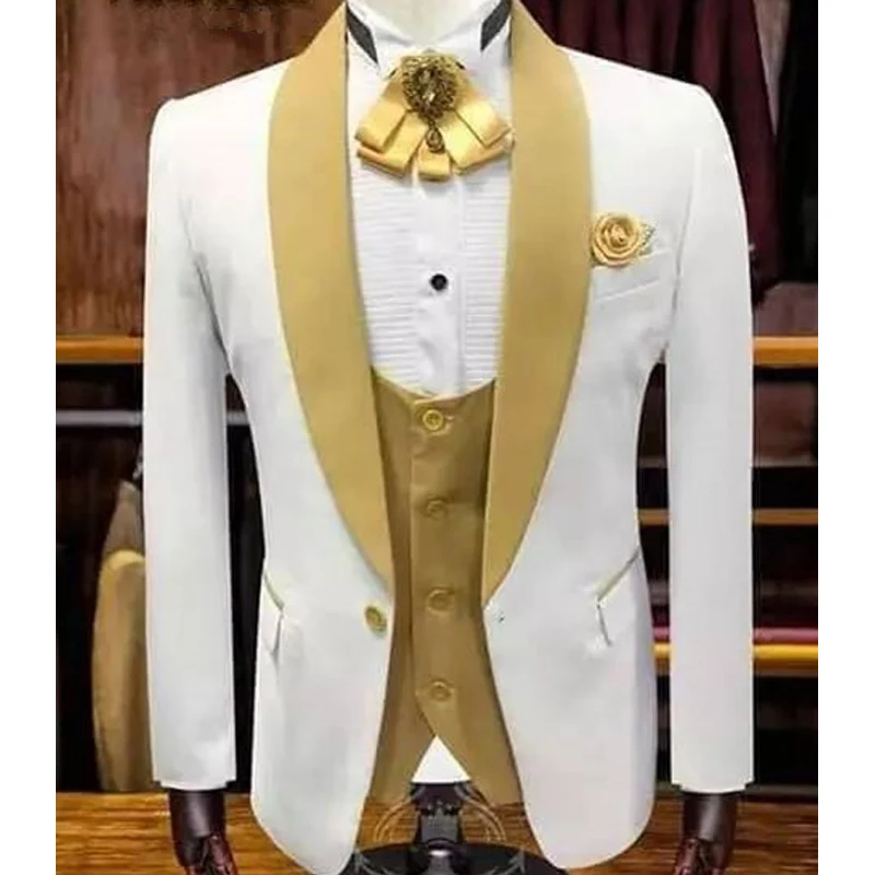 

White Wedding Tuxedo for Groom with Gold Shawl Lapel 3 Piece Custom Slim Fit Men Suits Set Jacket Vest Pant Male Fashion Clothes
