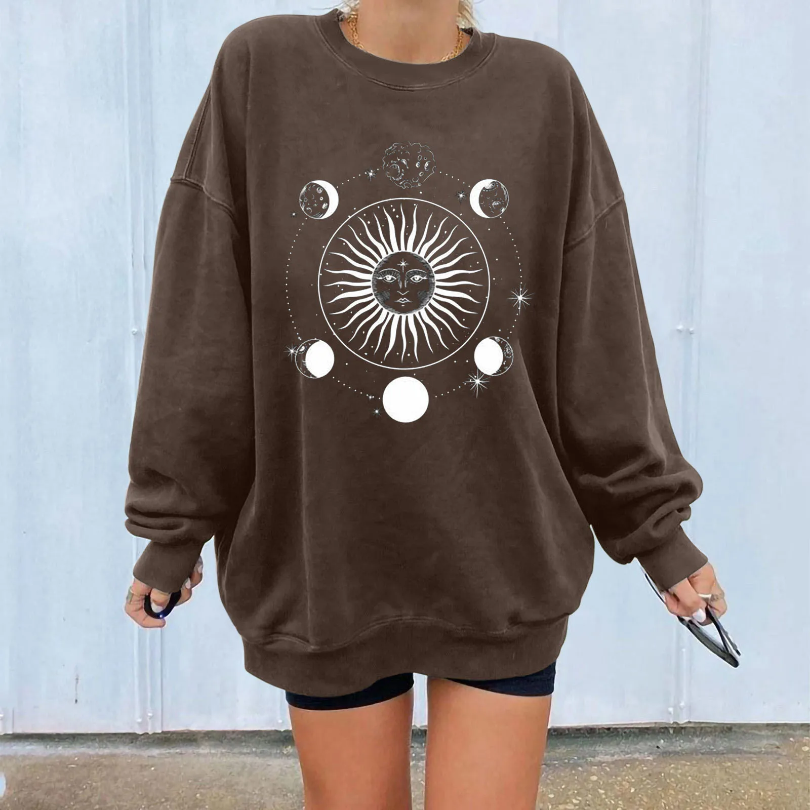 

Women's Sun Moon Printed Top Shirt Long-sleeved Warm Sweatshirt Casual O Neck over Sized Hoodies Women Casual Pullover Women