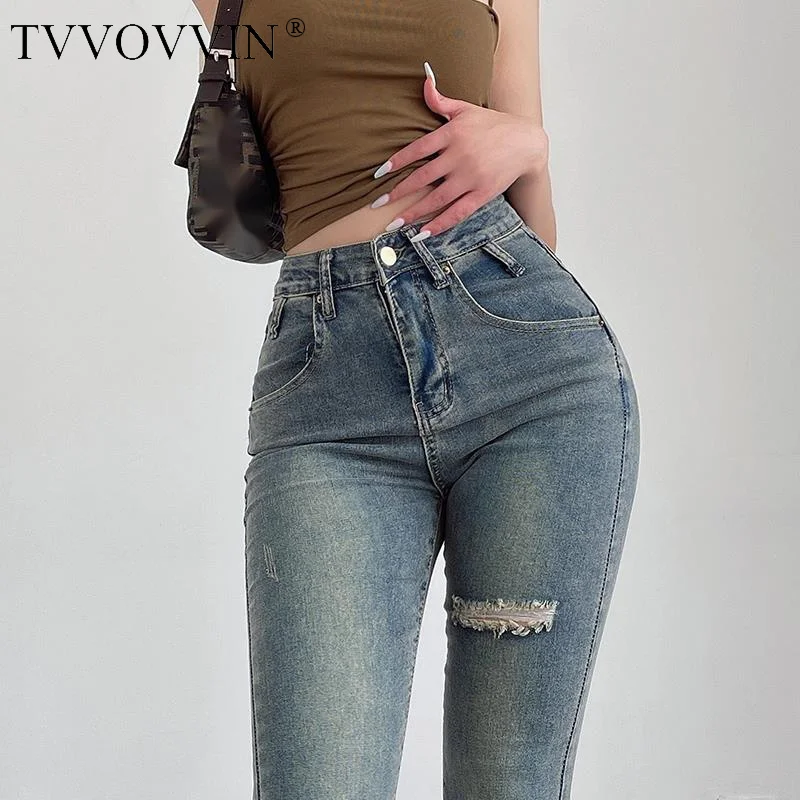 

Distressed Style TVVOVVIN American Jeans Women High Waist Slim Elastic Straight Flared Pants Fashion Korean Women Pants N5E9