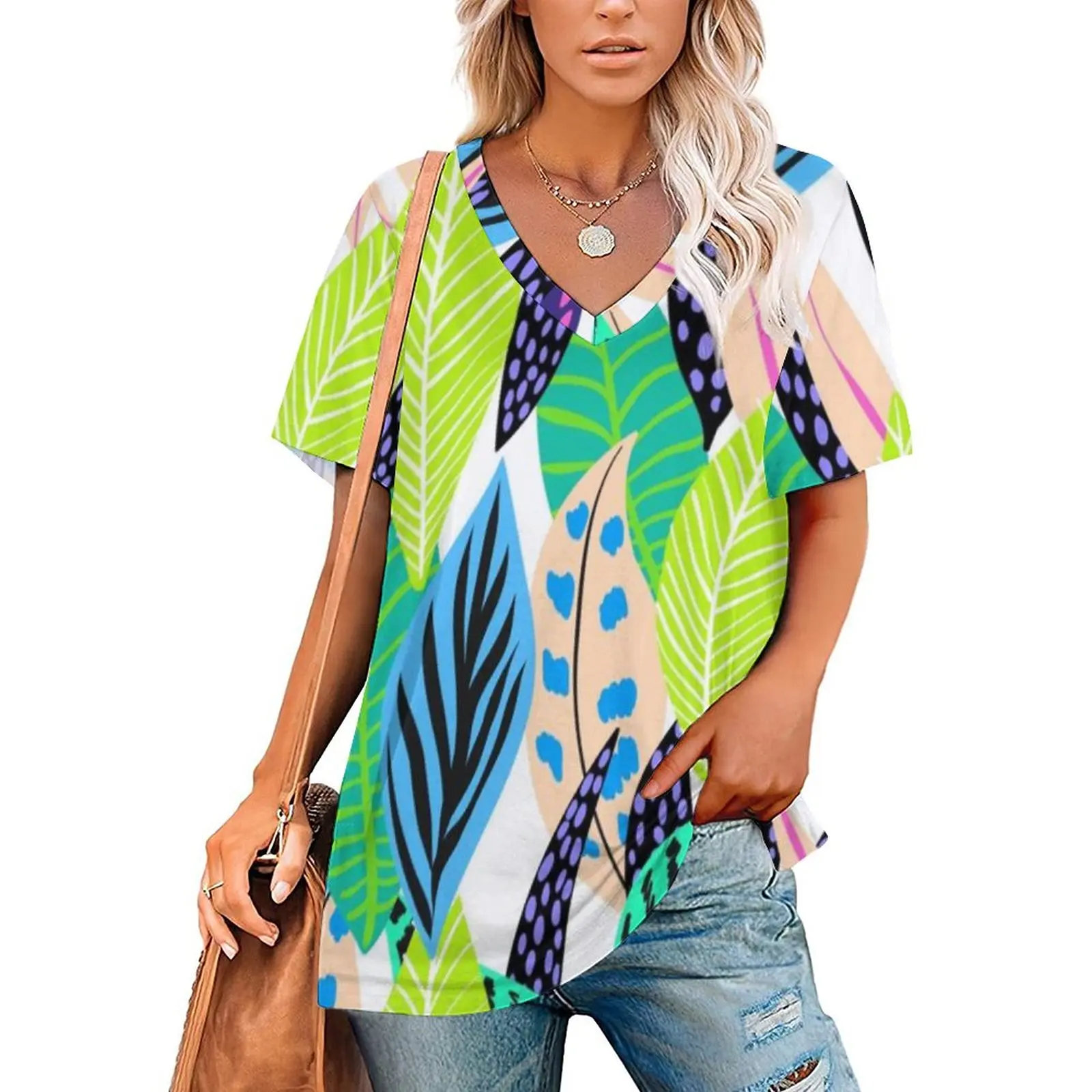 

V Neck Short-sleeve Women Shirt Printed Summer Tropical Design X 3D Print T-shirt