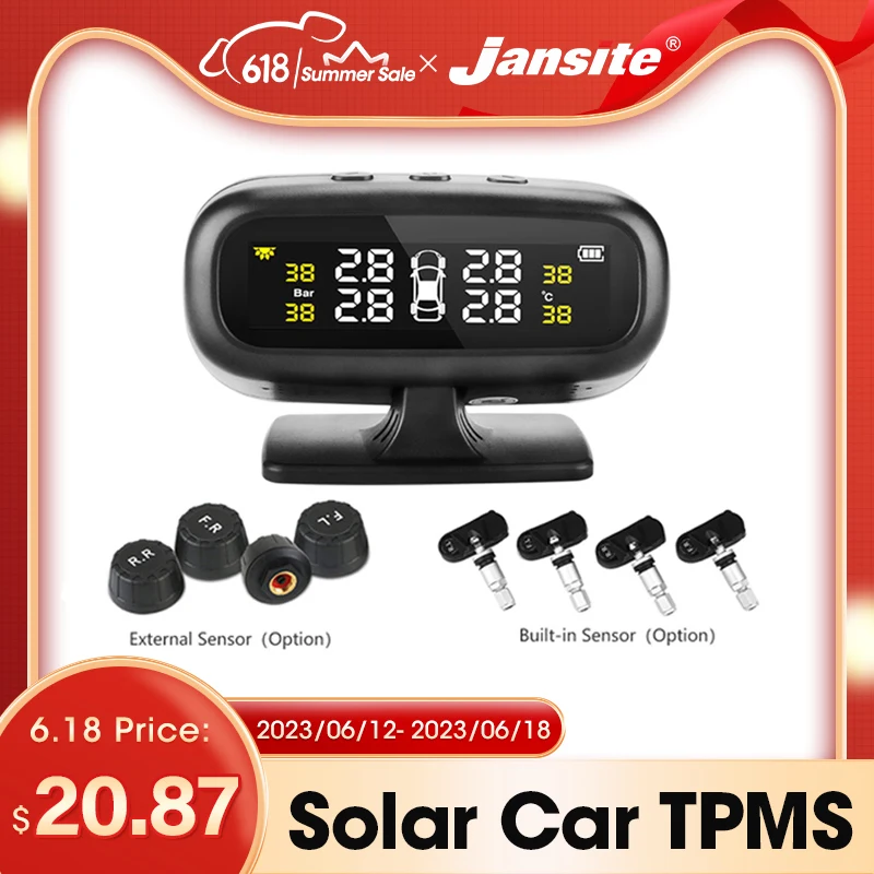 Система мониторинга давления в шинах автомобиля Jansite Original Solar TPMS с дисплеем, интеллектуальным предупреждением о температуре и экономией топлива, 4 датчика.